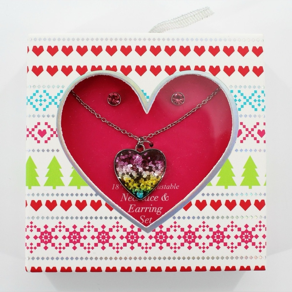 Christmas themed children's heart necklace and earrings gift set
